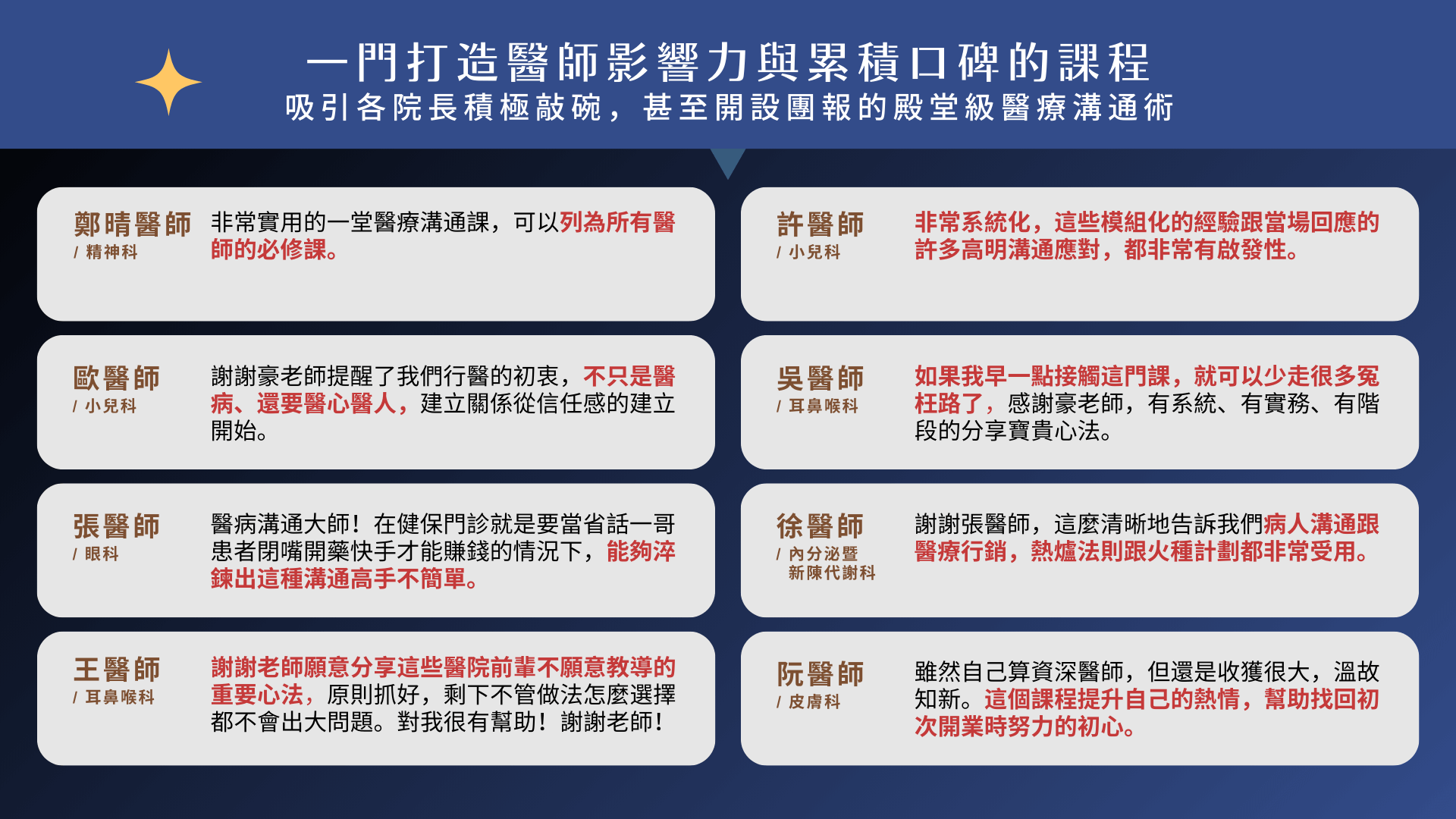 打造醫師影響力與口碑的課程 好評評價 溝通必修課 不藏私